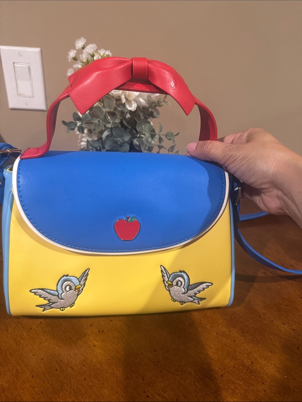 Colorblock Blue and Yellow Crossbody Bag with Red Bow
